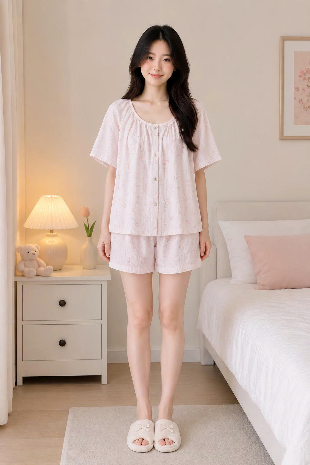 Set Kitty Mặc Nhà Cổ Tròn nữ chất liệu cotton mềm mại, thoáng mát, tay ngắn quần short, họa tiết Kitty dễ thương, phù hợp mặc nhà và ngủ hằng ngày.