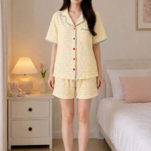 Bộ đồ ngủ pijama ngắn tay chất liệu cotton mát mẻ cho nữ, họa tiết đơn giản tinh tế