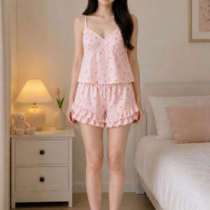 Đồ ngủ 2 dây hoa nhí hồng dễ thương babydoll xòe nhẹ bồng bềnh