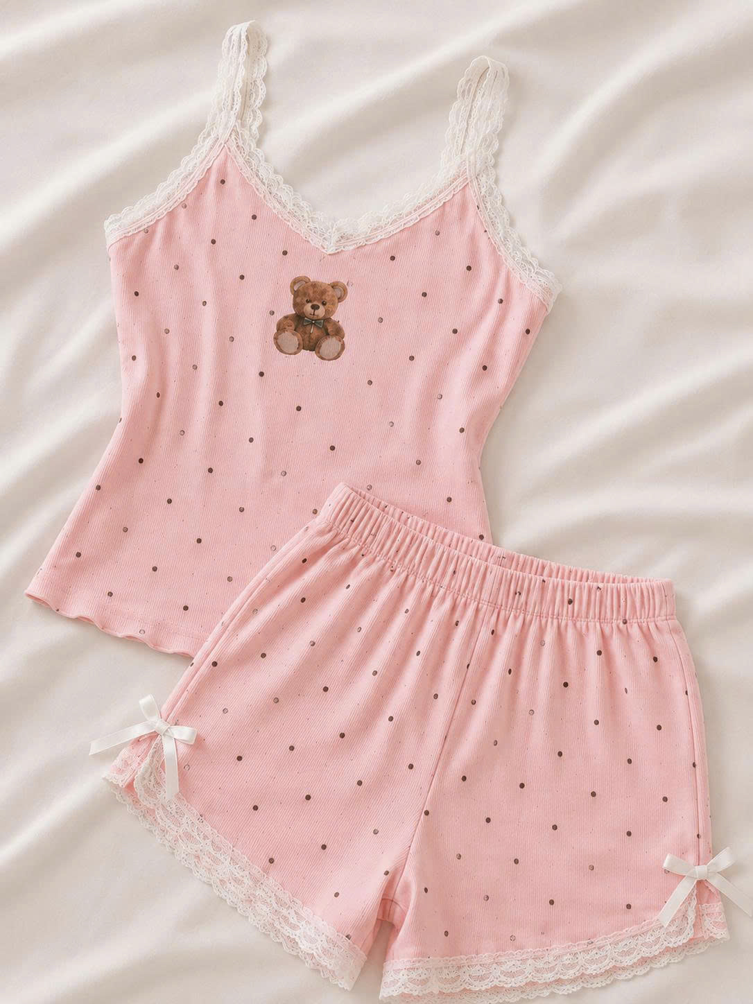 đồ ngủ 2 dây gấu ren hồng