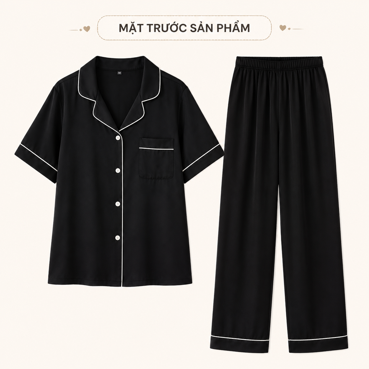 Pijama Lụa Đen Viền Trắng Tay Ngắn - Hot 2026
