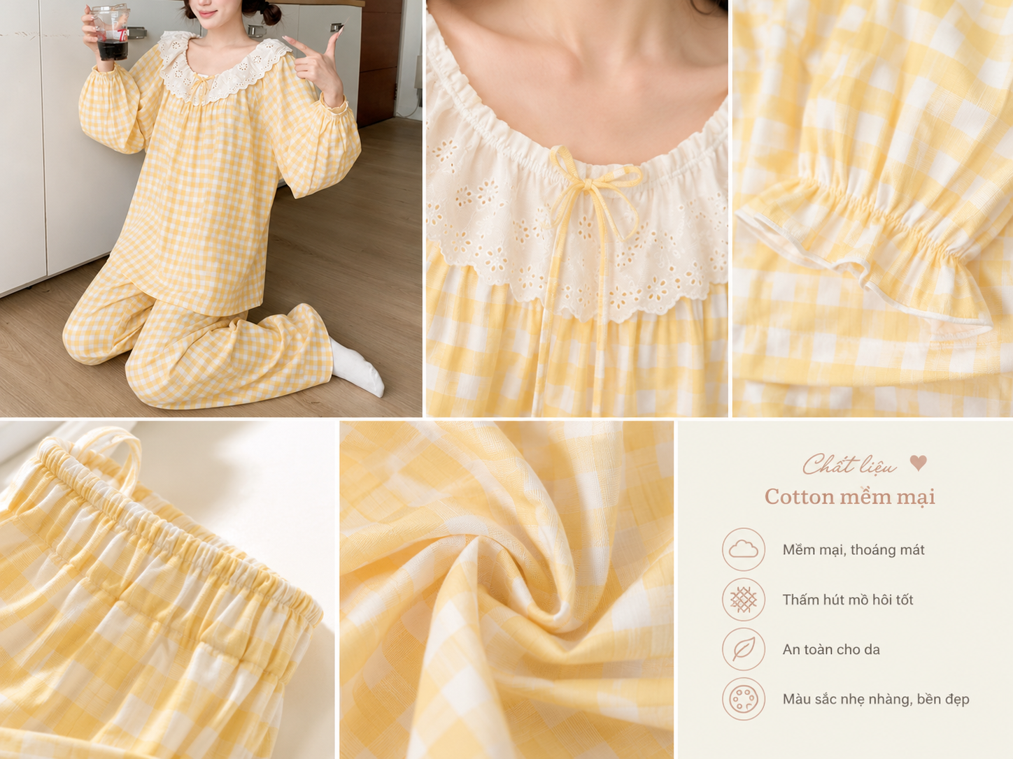 Đồ Ngủ Pijama Caro Vàng Hàn Quốc - Hot Trend 2026