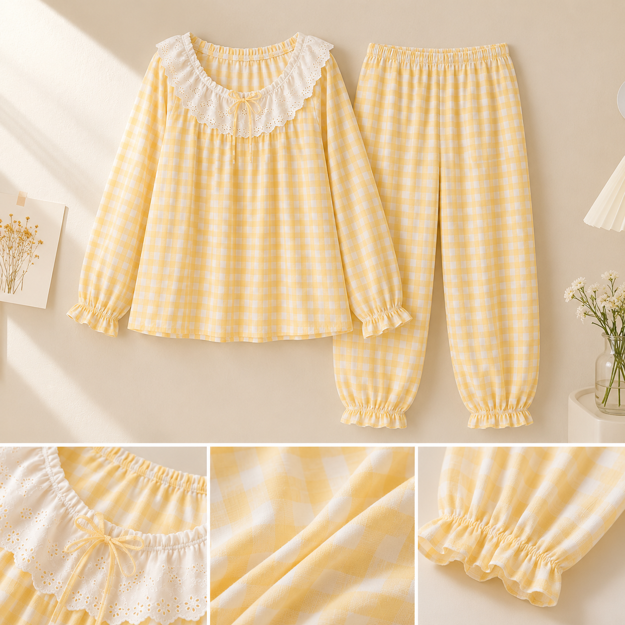 Đồ Ngủ Pijama Caro Vàng Hàn Quốc - Hot Trend 2026