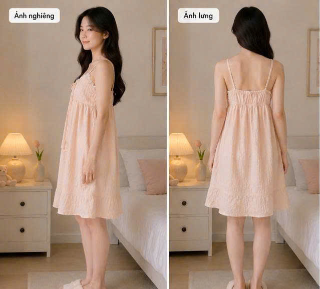 Váy Ngủ Tiểu Thư Cột Nơ Nàng Điệu: chất vải cotton nhún thoáng mát, tông cam pastel dịu dàng, form rộng thoải mái. Đặt mua ngay tại Đồ Ngủ Nàng Điệu.
