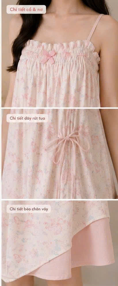 Váy ngủ hoa nhí bèo Nàng Điệu: chất liệu cotton nhăn cao cấp, họa tiết hoa nhí tông hồng nhạt, dáng 2 lớp bèo tầng bay bổng. Đặt mua ngay tại Đồ Ngủ Nàng Điệu.