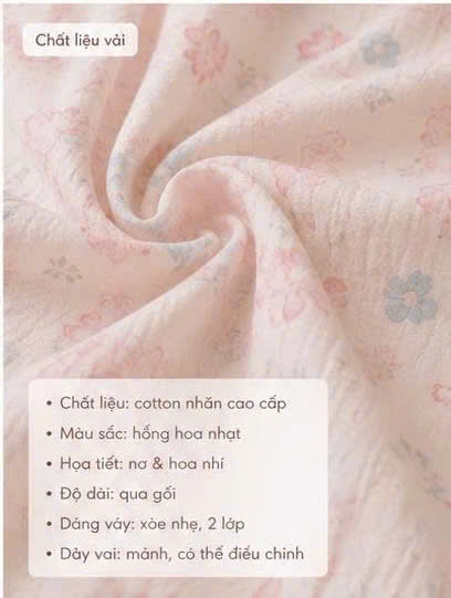 Váy ngủ hoa nhí bèo Nàng Điệu: chất liệu cotton nhăn cao cấp, họa tiết hoa nhí tông hồng nhạt, dáng 2 lớp bèo tầng bay bổng. Đặt mua ngay tại Đồ Ngủ Nàng Điệu.