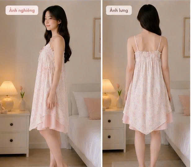 Váy ngủ hoa nhí bèo Nàng Điệu: chất liệu cotton nhăn cao cấp, họa tiết hoa nhí tông hồng nhạt, dáng 2 lớp bèo tầng bay bổng. Đặt mua ngay tại Đồ Ngủ Nàng Điệu.