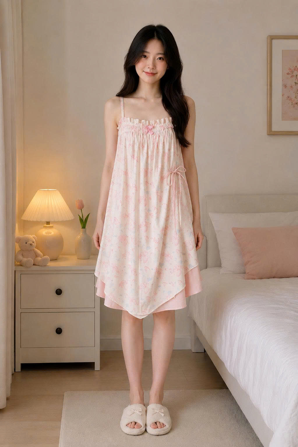Váy ngủ hoa nhí bèo Nàng Điệu: chất liệu cotton nhăn cao cấp, họa tiết hoa nhí tông hồng nhạt, dáng 2 lớp bèo tầng bay bổng. Đặt mua ngay tại Đồ Ngủ Nàng Điệu.