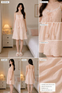 Váy Ngủ Tiểu Thư Cột Nơ Nàng Điệu: chất vải cotton nhún thoáng mát, tông cam pastel dịu dàng, form rộng thoải mái. Đặt mua ngay tại Đồ Ngủ Nàng Điệu.