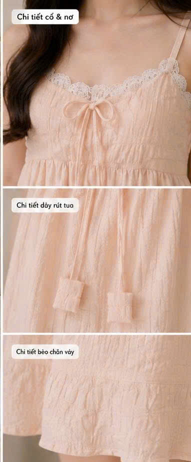 Váy Ngủ Tiểu Thư Cột Nơ Nàng Điệu: chất vải cotton nhún thoáng mát, tông cam pastel dịu dàng, form rộng thoải mái. Đặt mua ngay tại Đồ Ngủ Nàng Điệu.