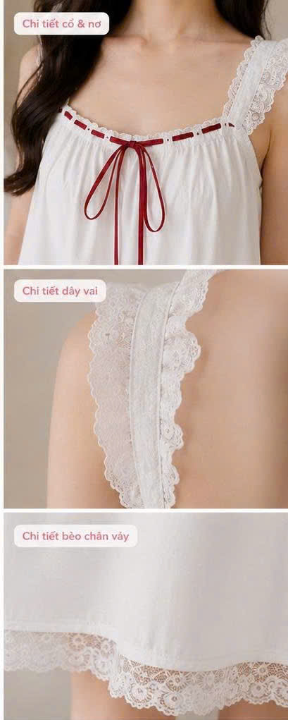Viền ren gấu váy ngủ trắng ren nơ đỏ