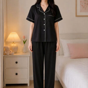 Pijama Lụa Đen Viền Trắng Tay Ngắn - Hot 2026