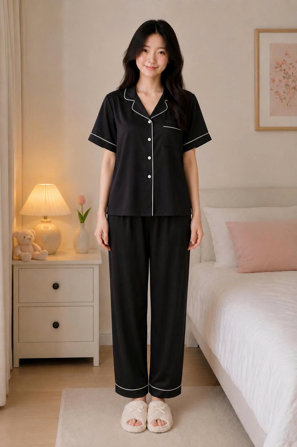 Pijama Lụa Đen Viền Trắng Tay Ngắn - Hot 2026